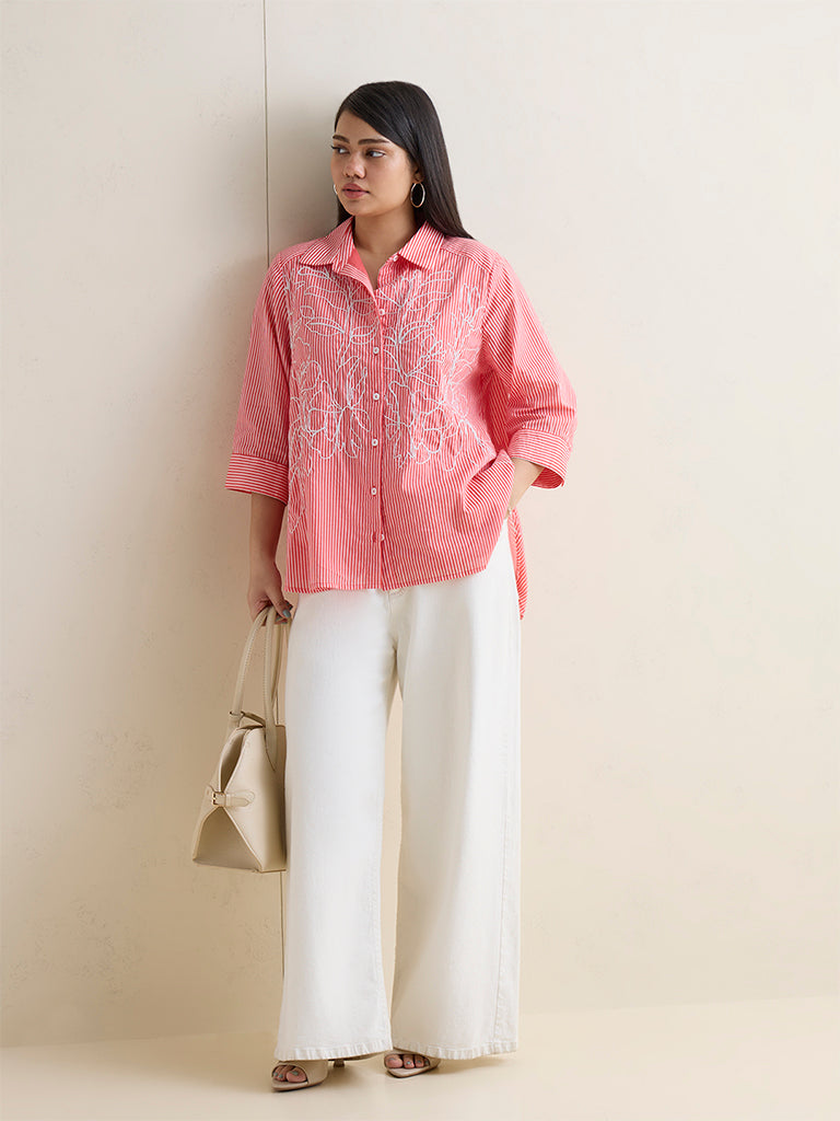 Gia Red Floral Embroidered High-Low Cotton Shirt