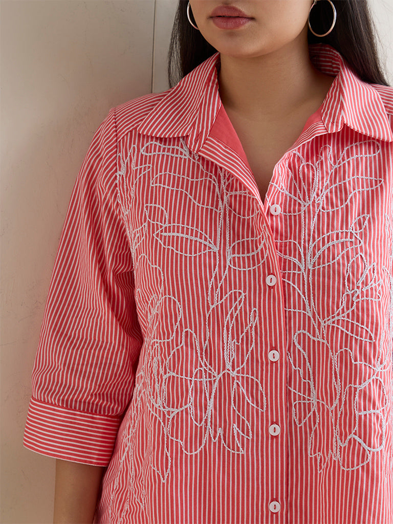 Gia Red Floral Embroidered High-Low Cotton Shirt