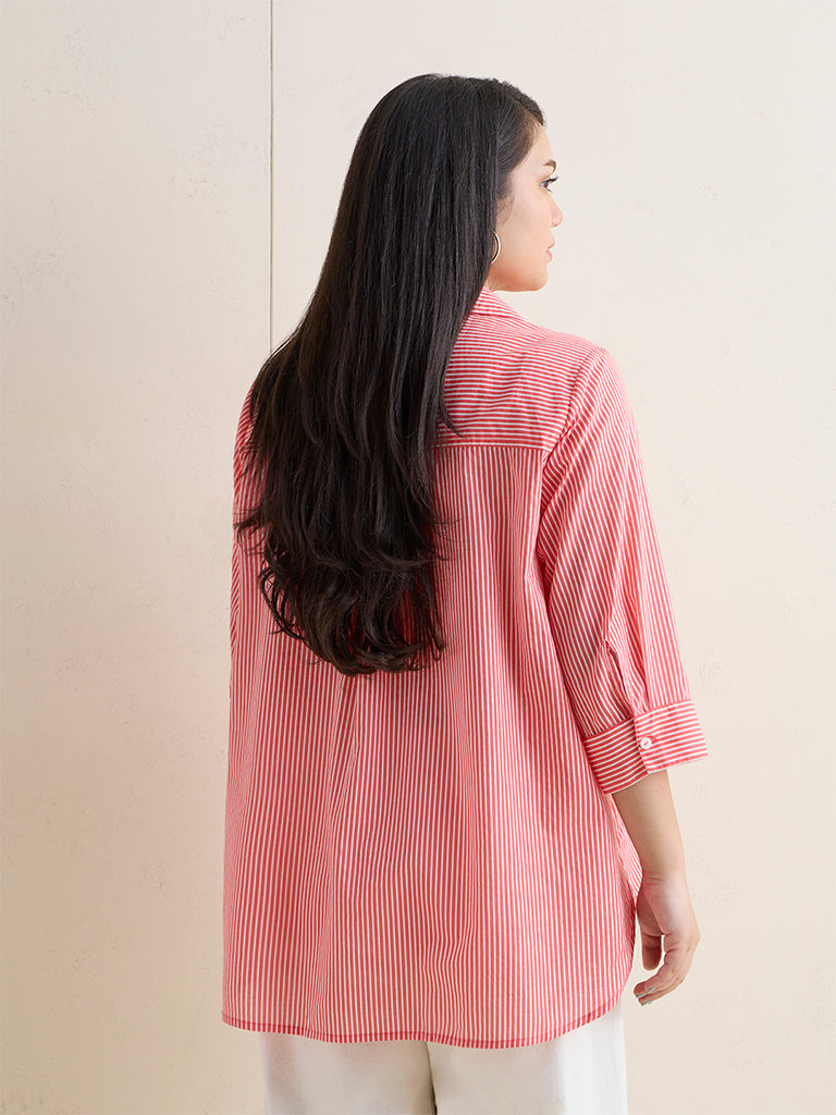 Gia Red Floral Embroidered High-Low Cotton Shirt