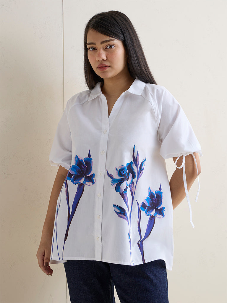 Gia White Floral Printed Cotton Blouse
