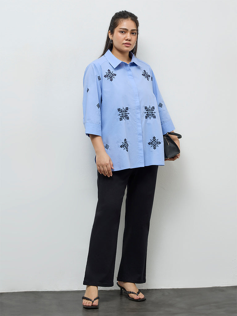 Gia Light Blue Embroidered Cotton Shirt