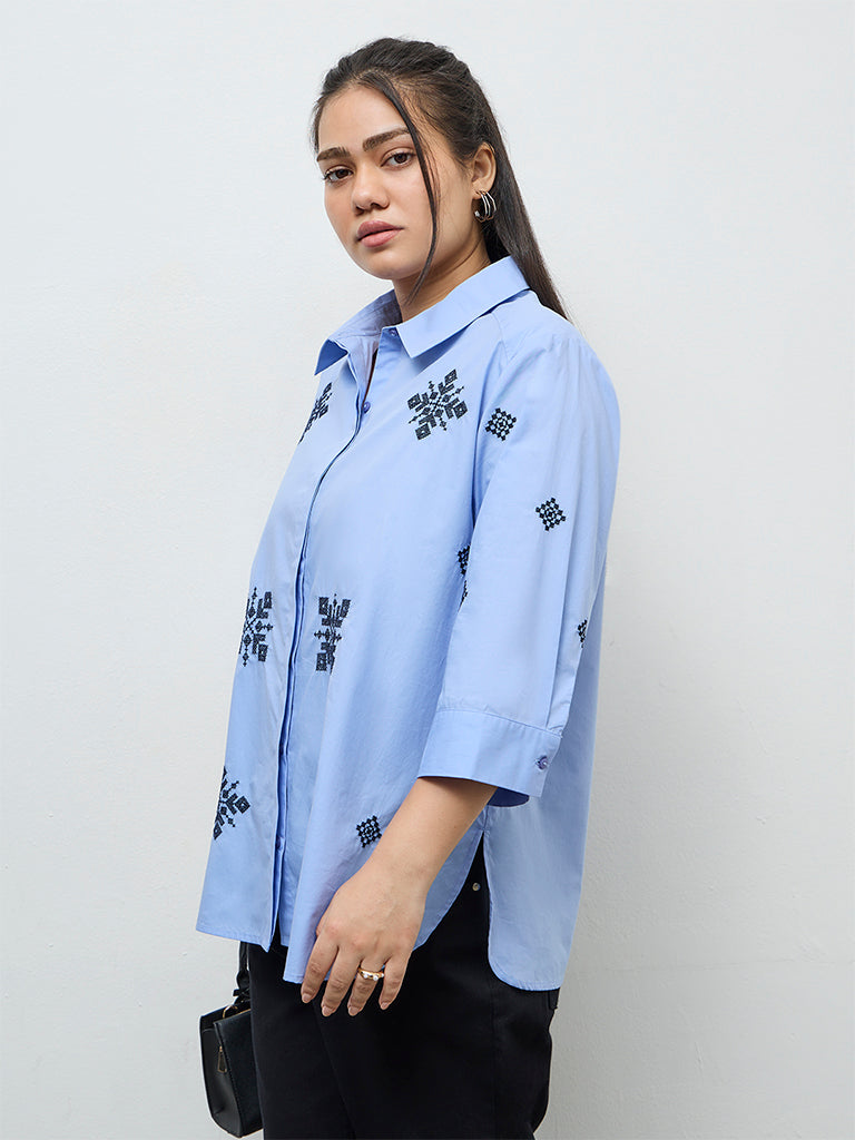 Gia Light Blue Embroidered Cotton Shirt