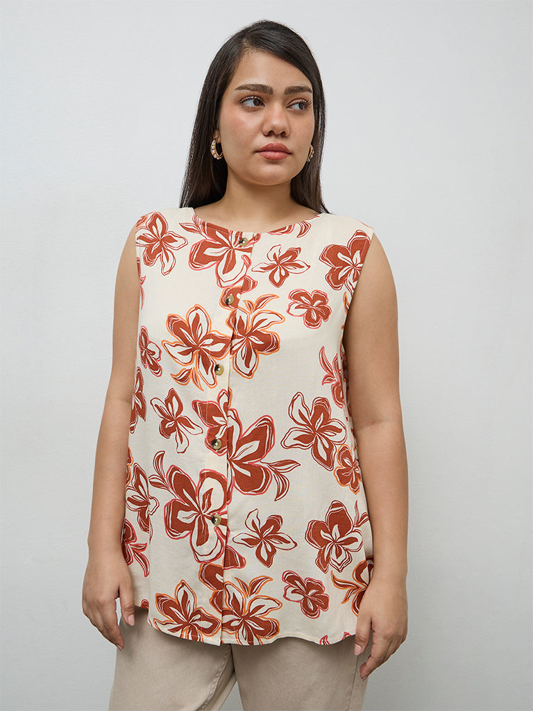 Gia Off-White Floral Printed Linen-Blend Blouse