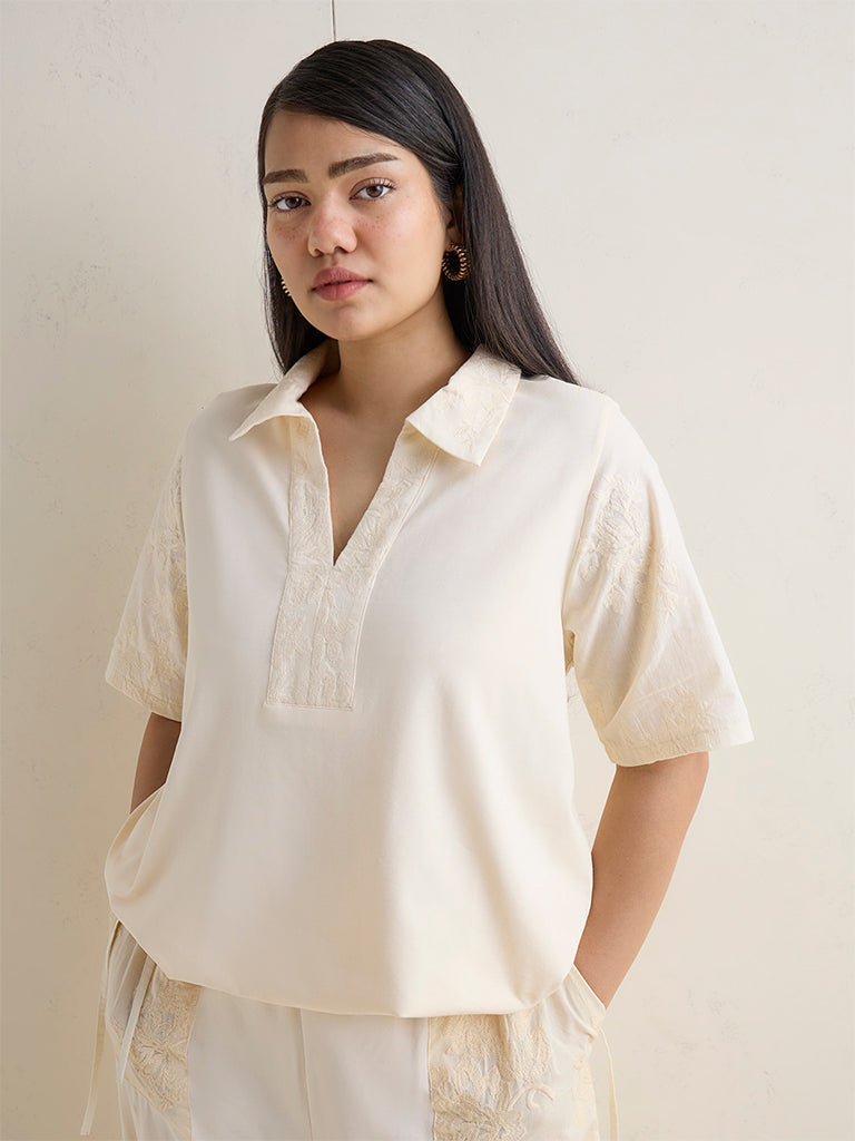 Gia Cream Embroidered Cotton-Blend Blouse