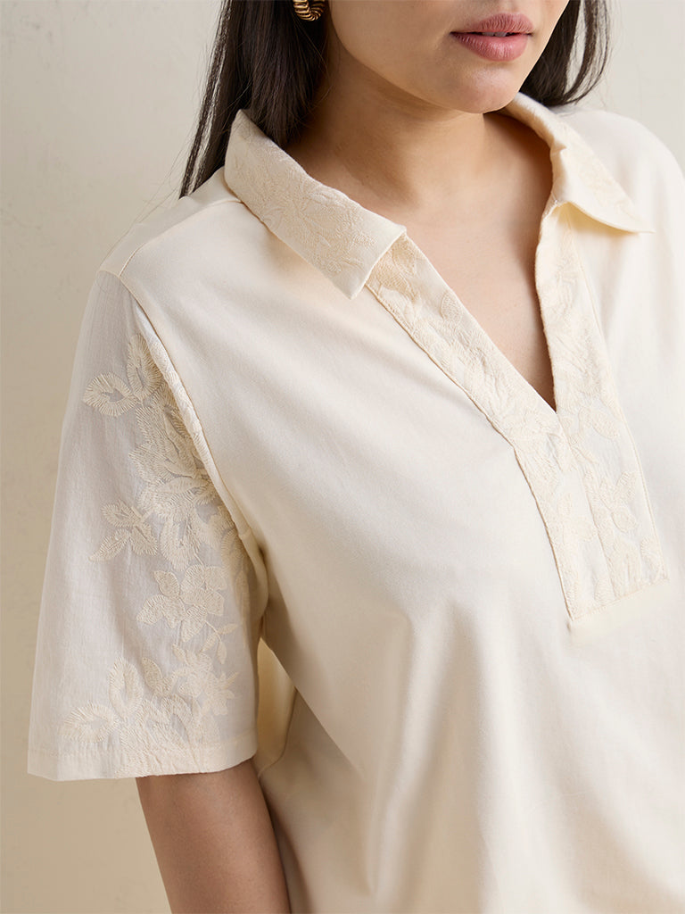 Gia Cream Embroidered Cotton-Blend Blouse