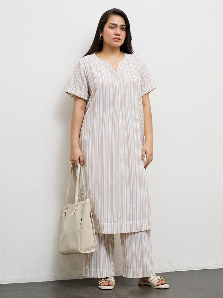 Gia Beige Striped Cotton A-Line Tunic