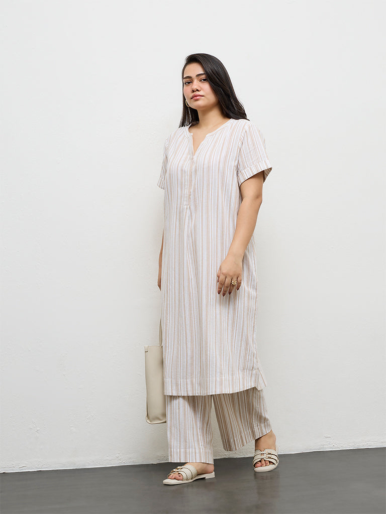 Gia Beige Striped Cotton A-Line Tunic