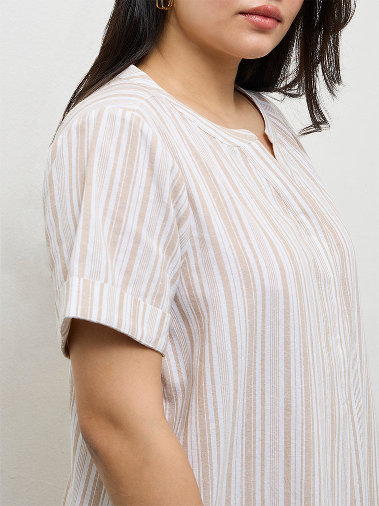 Gia Beige Striped Cotton A-Line Tunic