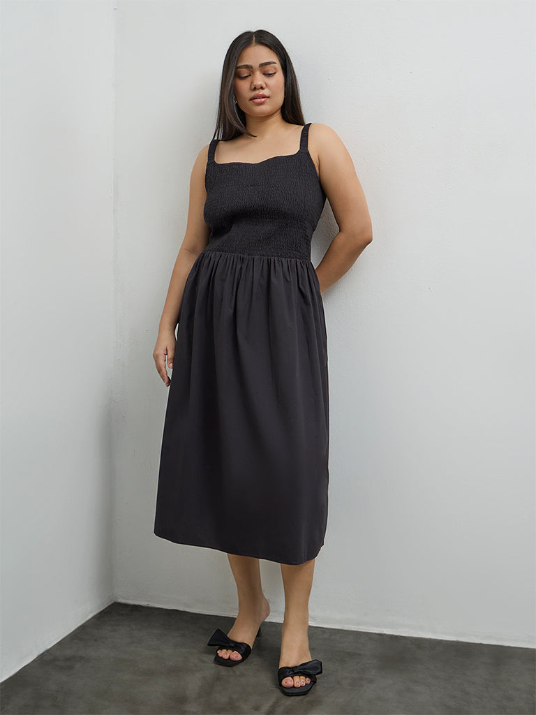 Gia Black Smocked Cotton A-Line Dress