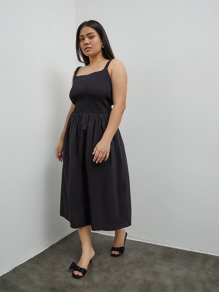 Gia Black Smocked Cotton A-Line Dress
