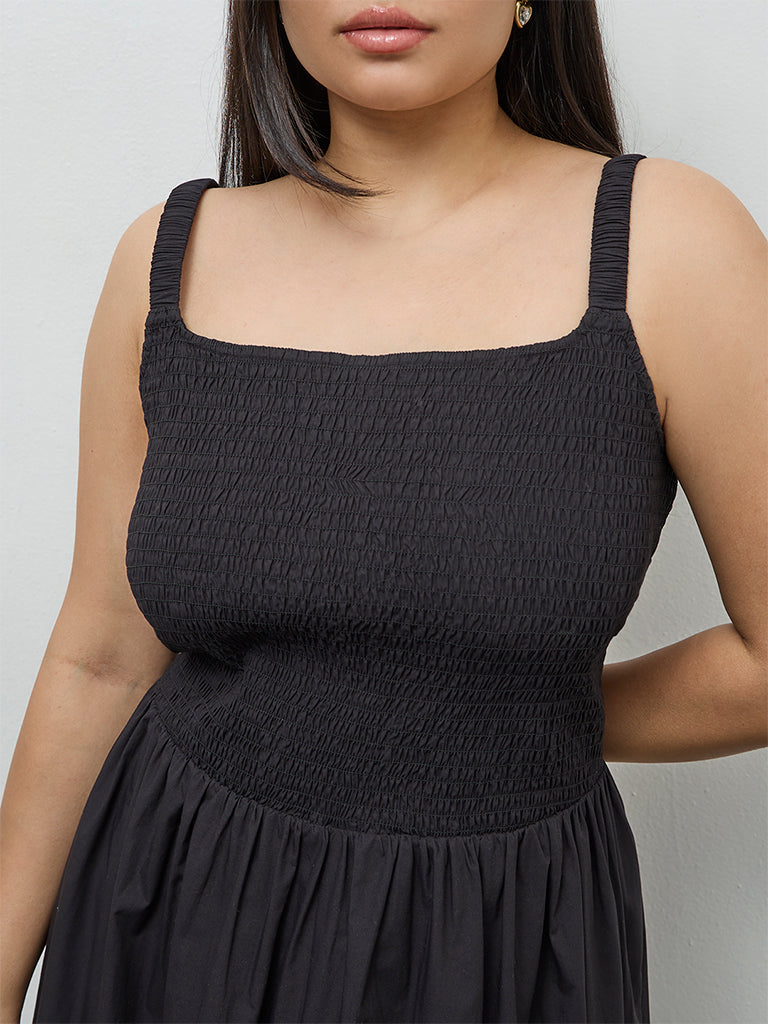 Gia Black Smocked Cotton A-Line Dress