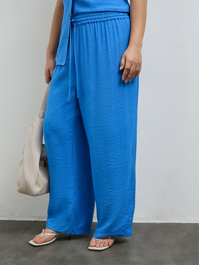 Gia Blue Crinkle-Textured High-Rise Pants