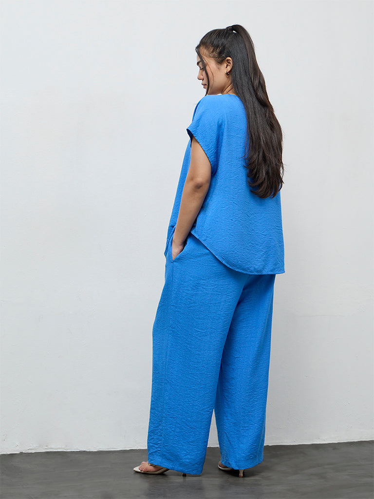 Gia Blue Crinkle-Textured High-Rise Pants