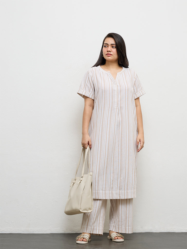Gia Beige Striped Cotton Ethnic Pants