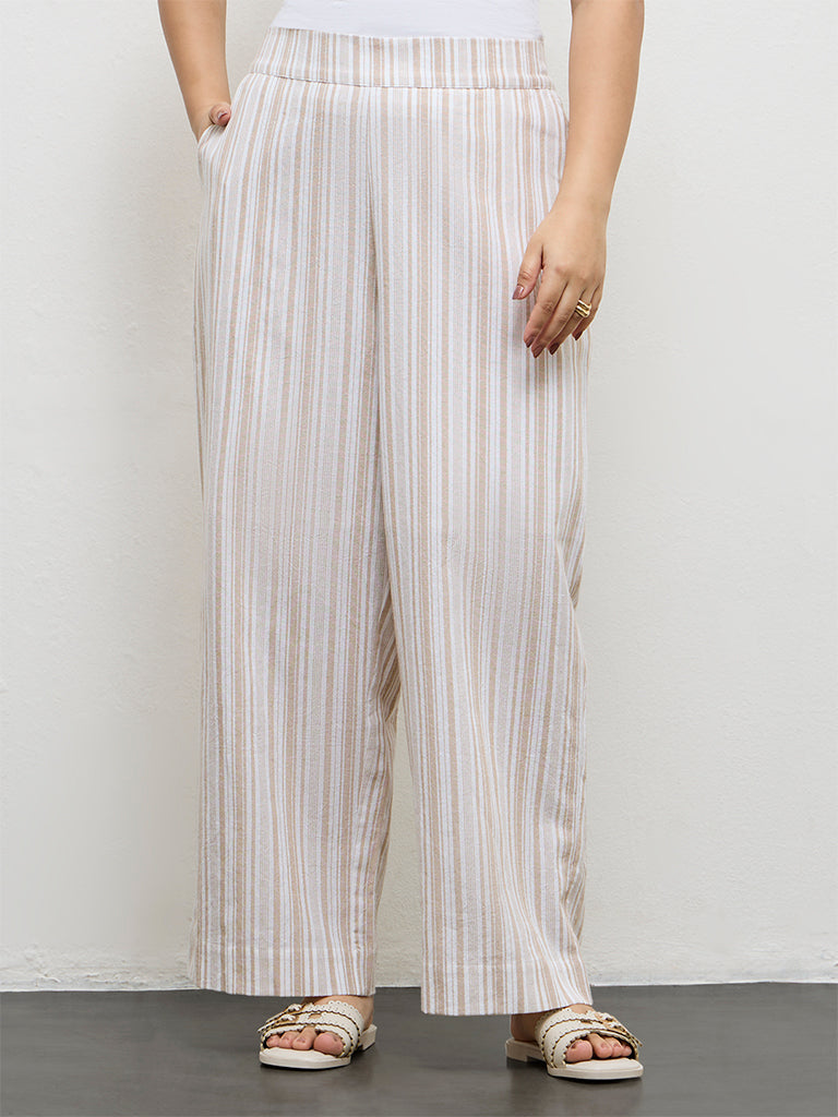 Gia Beige Striped Cotton Ethnic Pants