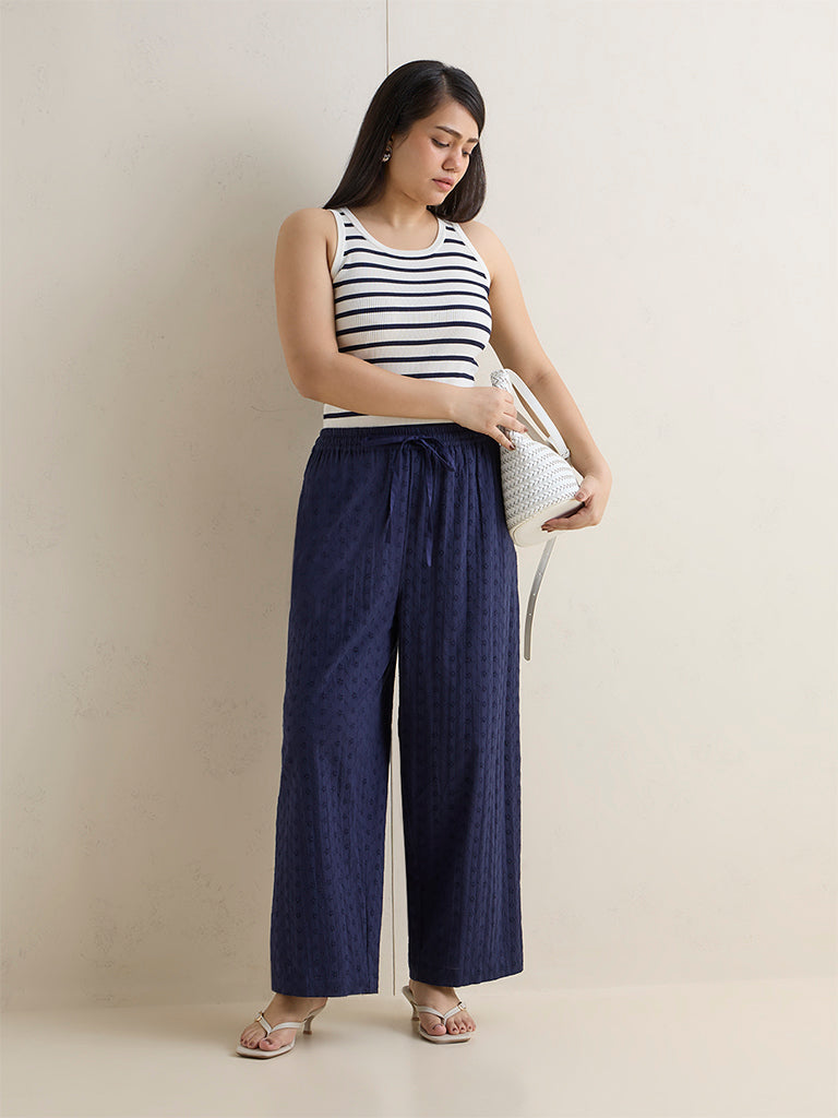 Gia Navy Schiffili Design High-Rise Cotton Pants