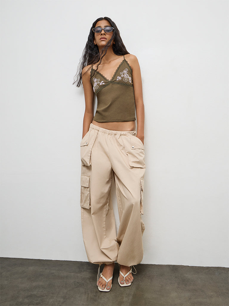 Nuon Olive Embellished Cotton-Blend Top