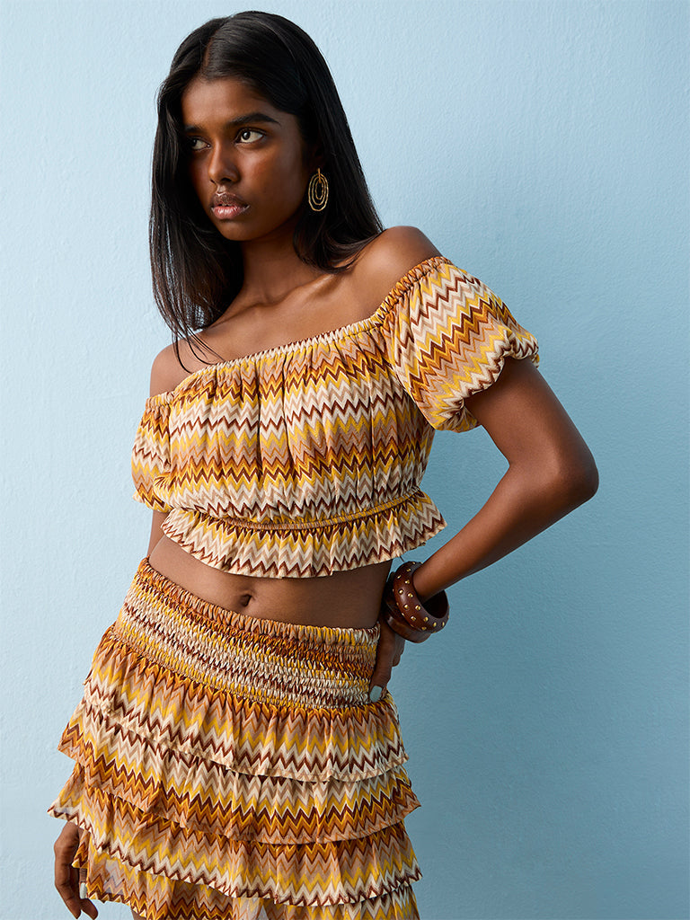 Nuon Mustard Chevron Printed Off-Shoulder Top