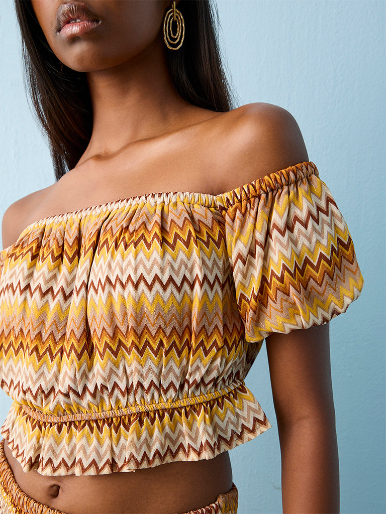 Nuon Mustard Chevron Printed Off-Shoulder Top