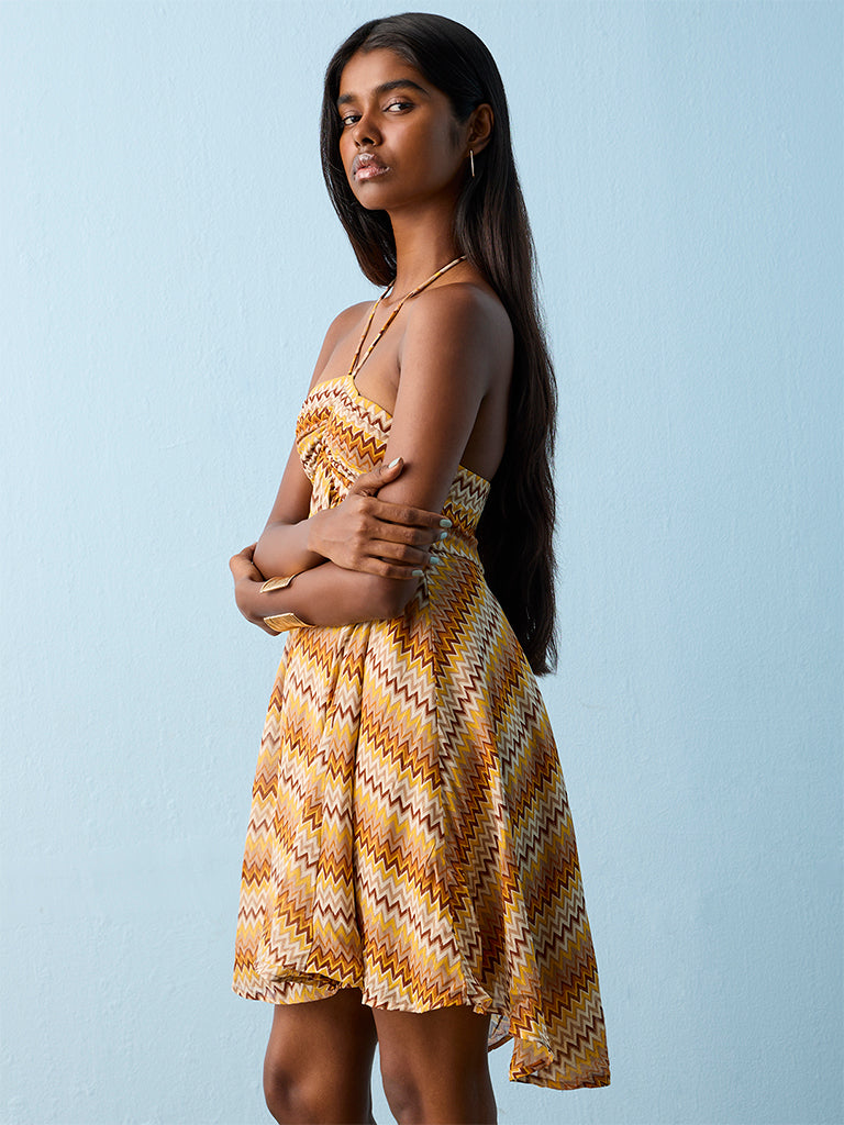Nuon Mustard Chevron Printed Empire A-Line Dress