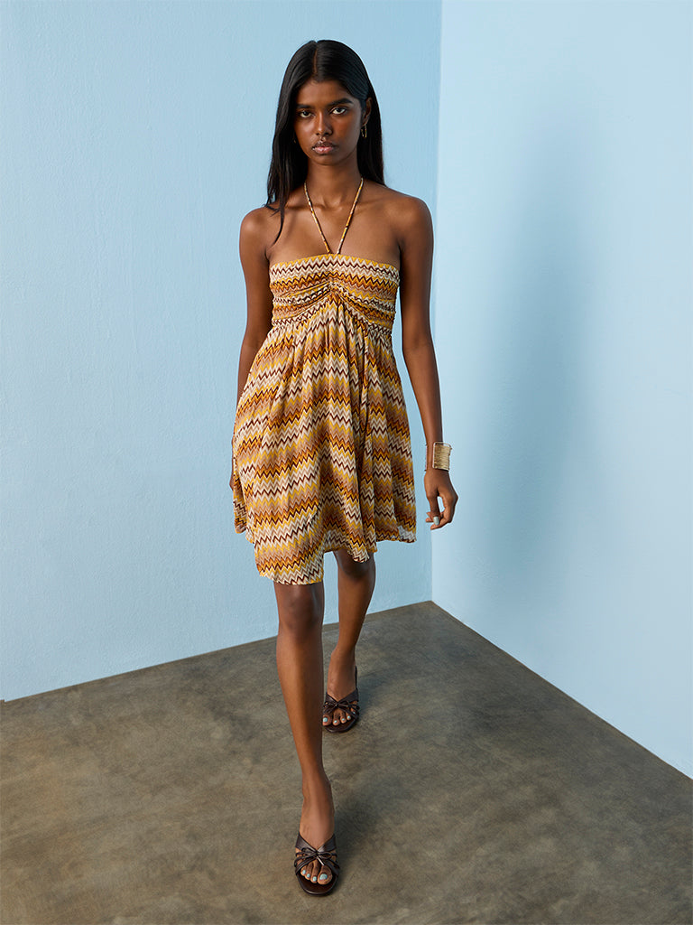 Nuon Mustard Chevron Printed Empire A-Line Dress