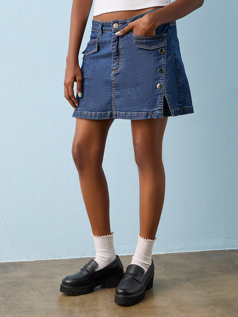 Nuon Dark Blue High-Rise Denim Skorts