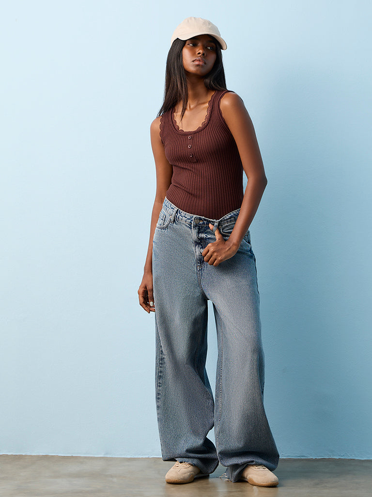 Nuon Brown Ribbed-Textured Tank Top