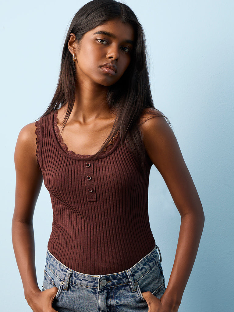 Nuon Brown Ribbed-Textured Tank Top