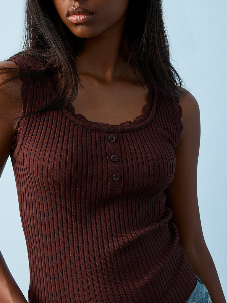 Nuon Brown Ribbed-Textured Tank Top