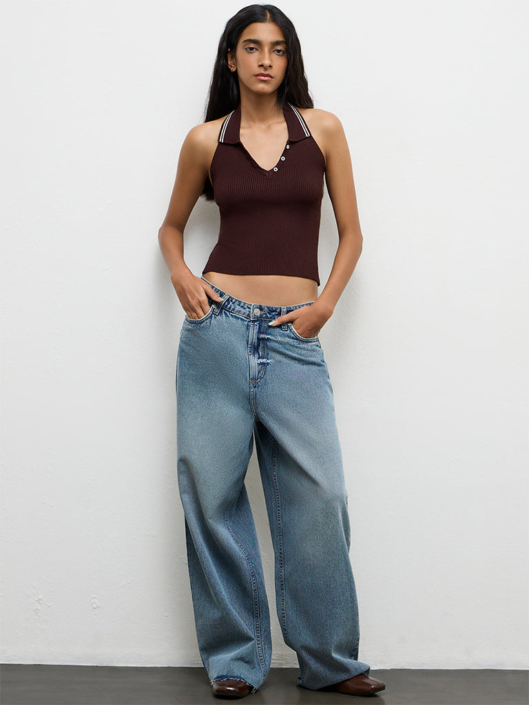 Nuon Dark Brown Ribbed Halter-Neck Top