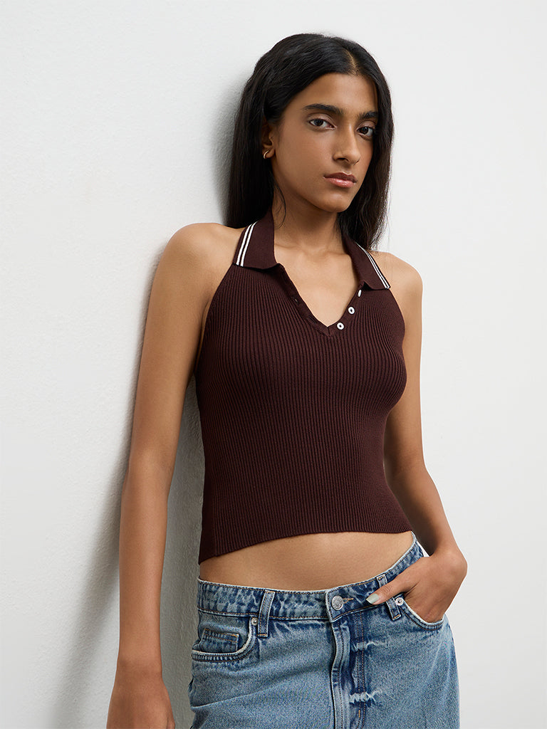 Nuon Dark Brown Ribbed Halter-Neck Top