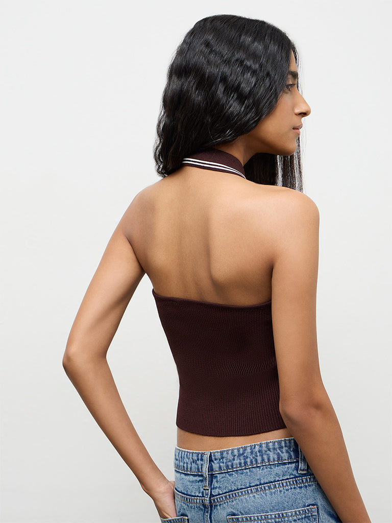 Nuon Dark Brown Ribbed Halter-Neck Top