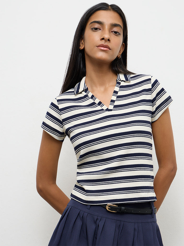 Nuon Navy Striped Cotton-Blend T-Shirt
