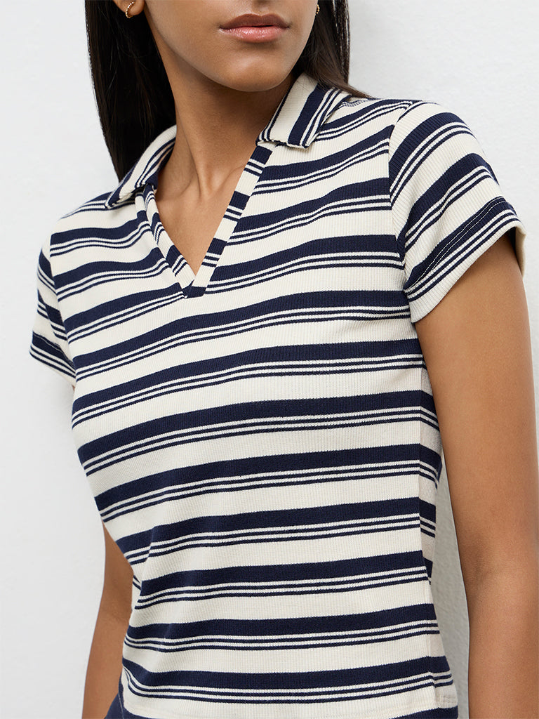 Nuon Navy Striped Cotton-Blend T-Shirt