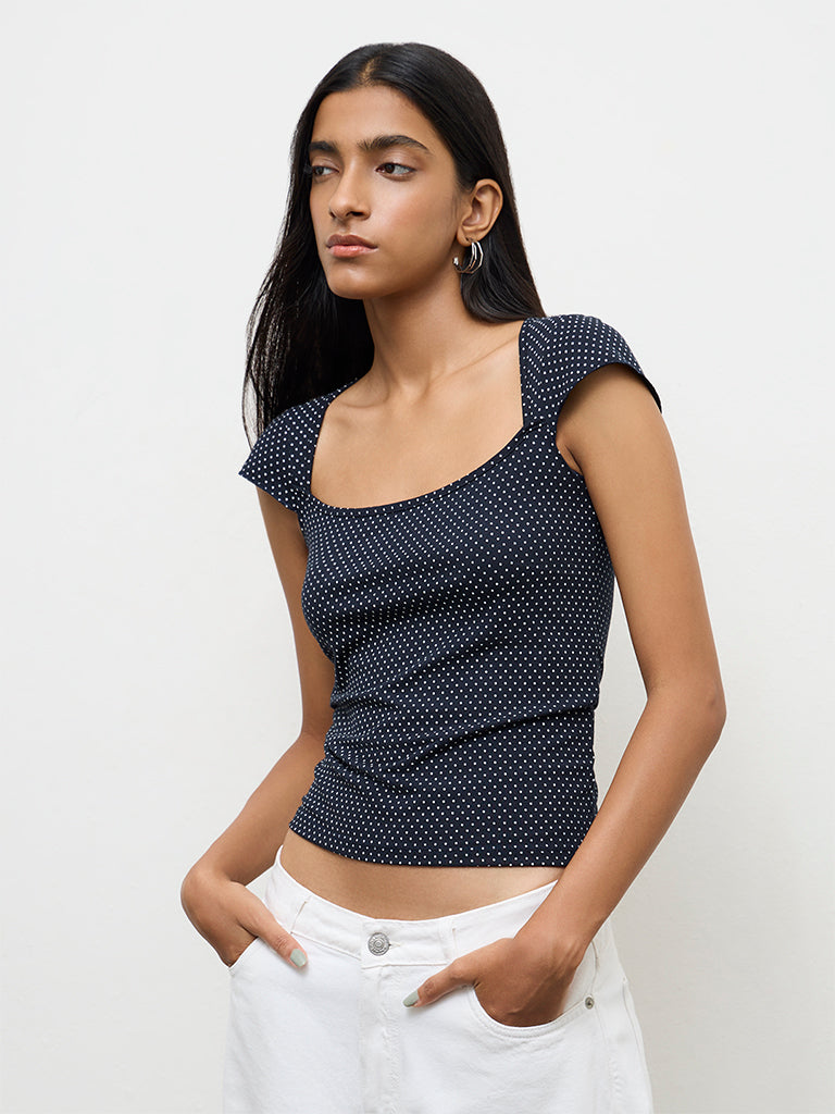 Nuon Navy Polka-Dot Printed Cotton-Blend Top