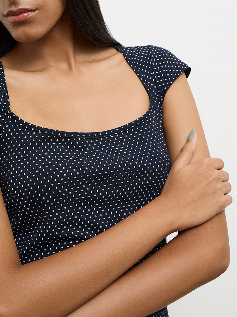 Nuon Navy Polka-Dot Printed Cotton-Blend Top