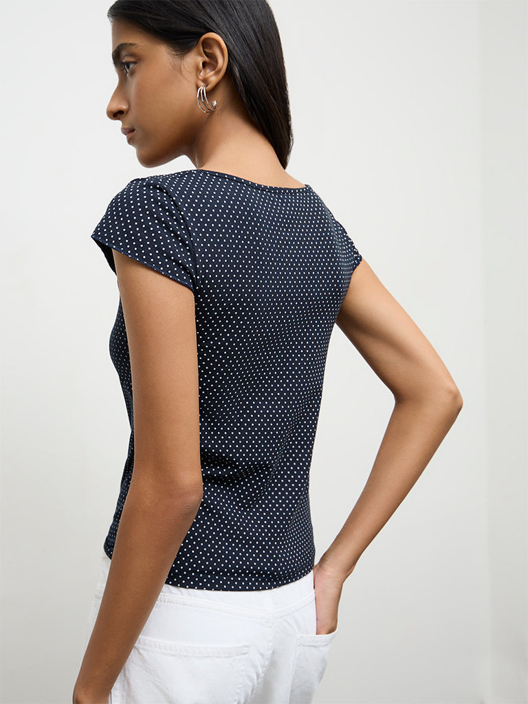 Nuon Navy Polka-Dot Printed Cotton-Blend Top
