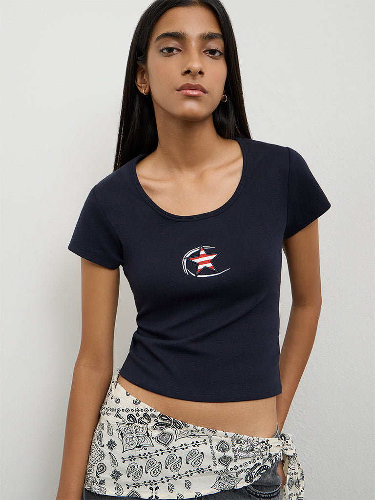 Nuon Navy Graphic Printed Cotton-Blend T-Shirt