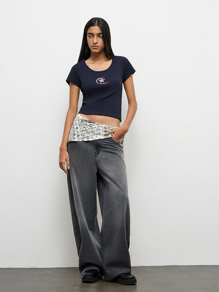 Nuon Navy Graphic Printed Cotton-Blend T-Shirt