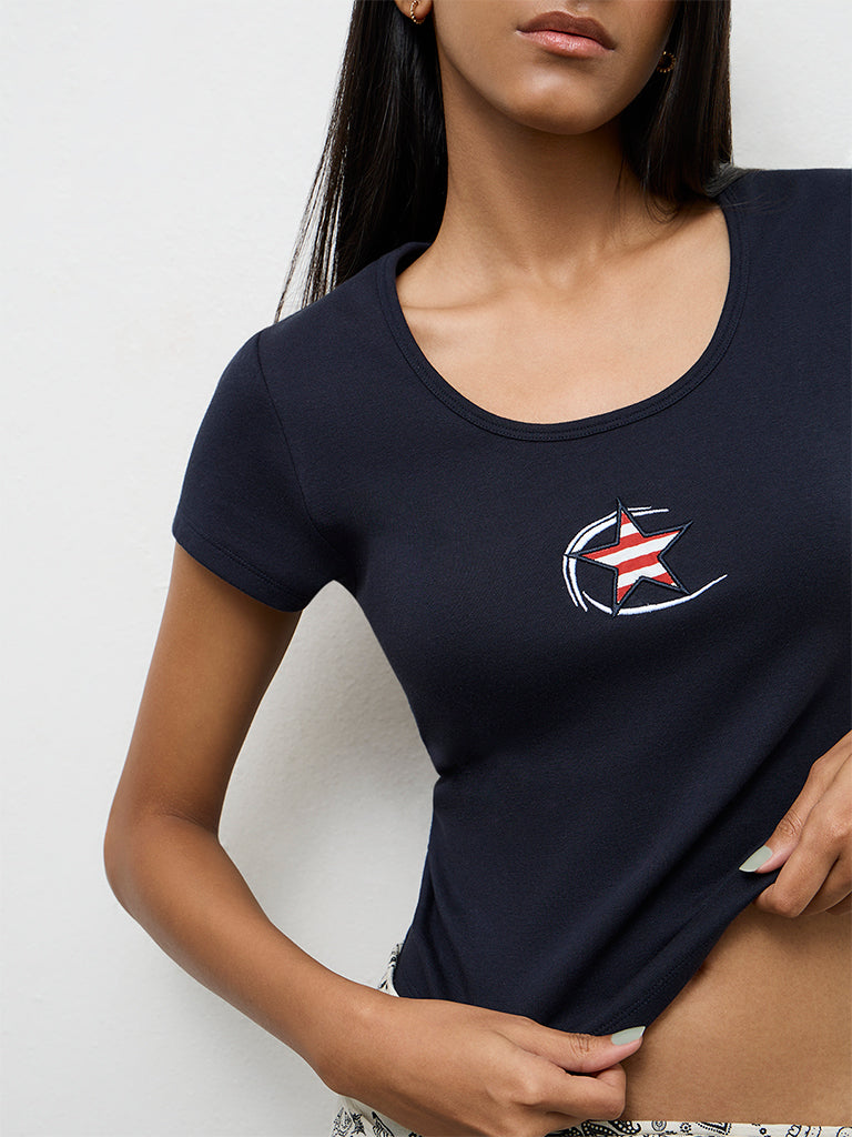 Nuon Navy Graphic Printed Cotton-Blend T-Shirt