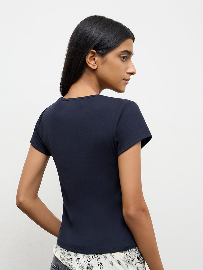 Nuon Navy Graphic Printed Cotton-Blend T-Shirt