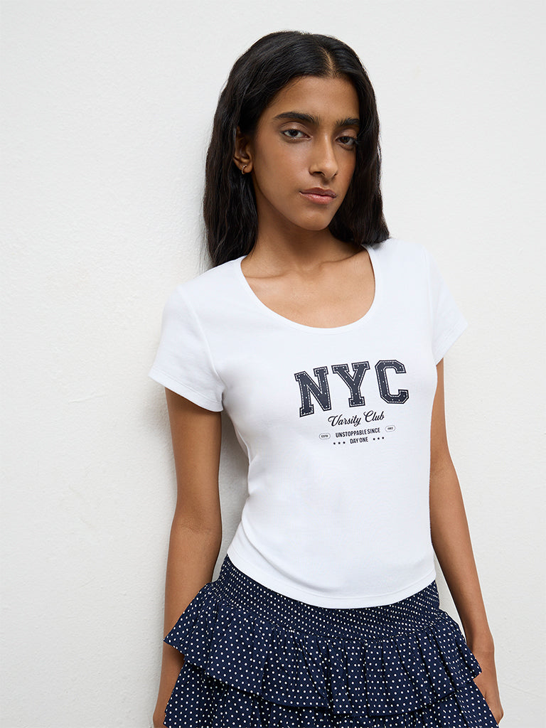 Nuon White Text Printed Cotton-Blend T-Shirt
