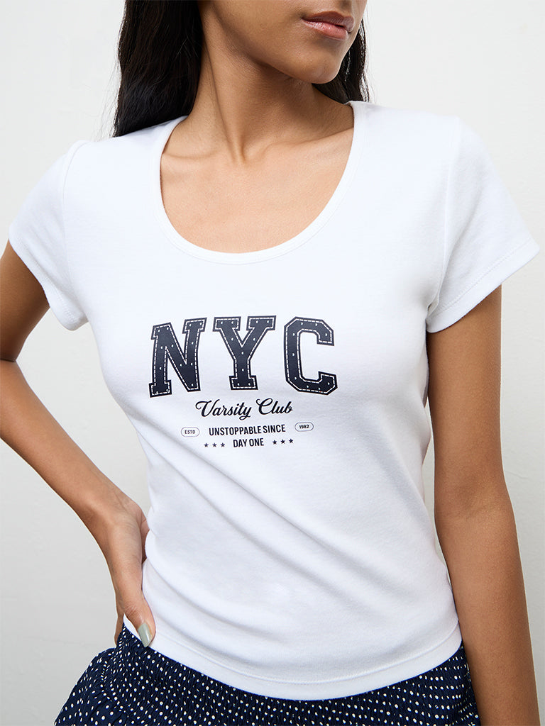 Nuon White Text Printed Cotton-Blend T-Shirt