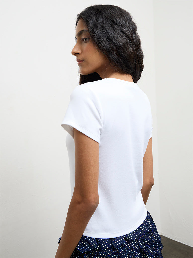 Nuon White Text Printed Cotton-Blend T-Shirt