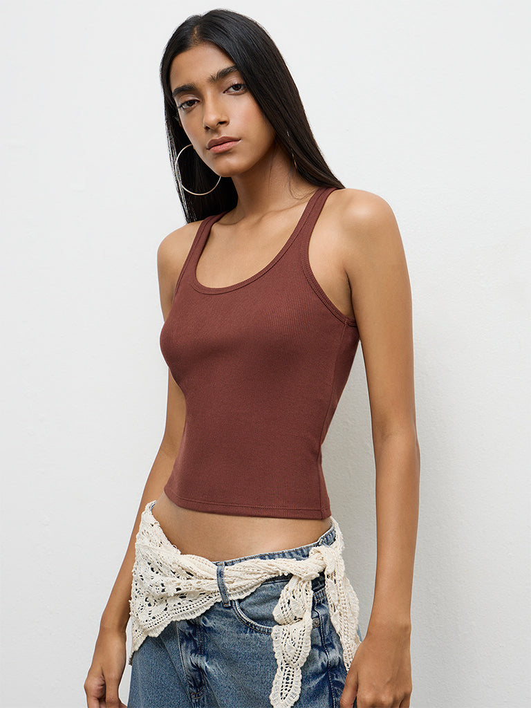 Nuon Brown Ribbed Cotton Tank Top