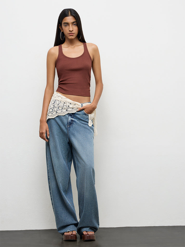 Nuon Brown Ribbed Cotton Tank Top