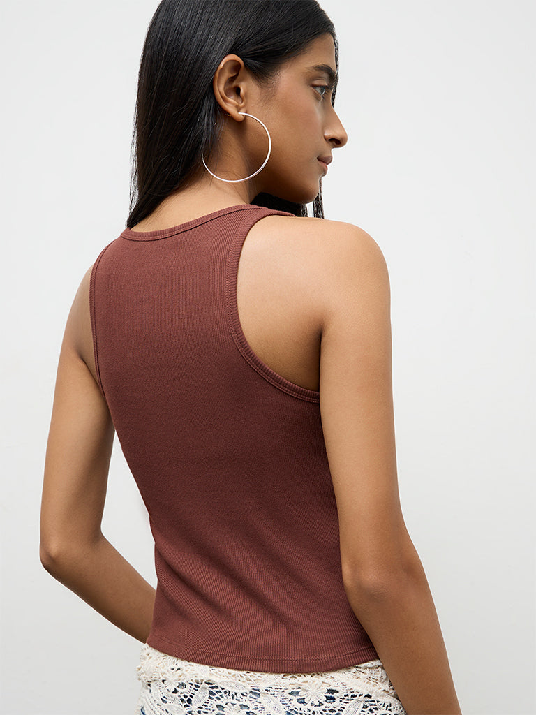 Nuon Brown Ribbed Cotton Tank Top
