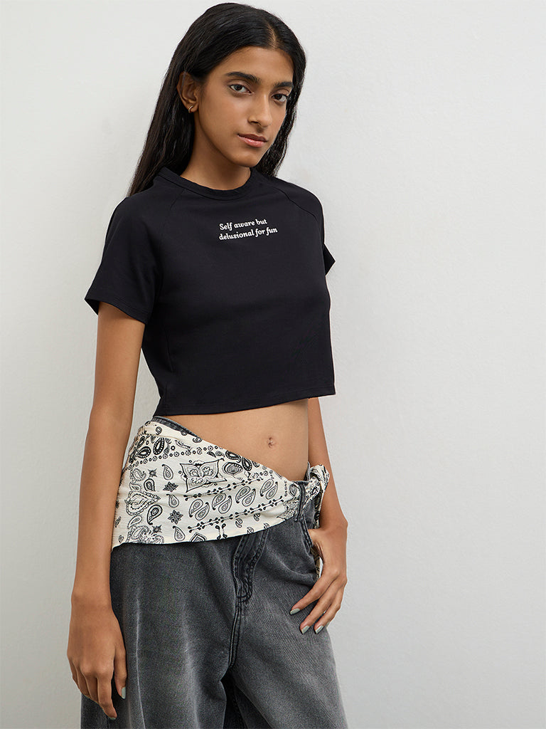 Nuon Black Text Printed Cotton T-Shirt