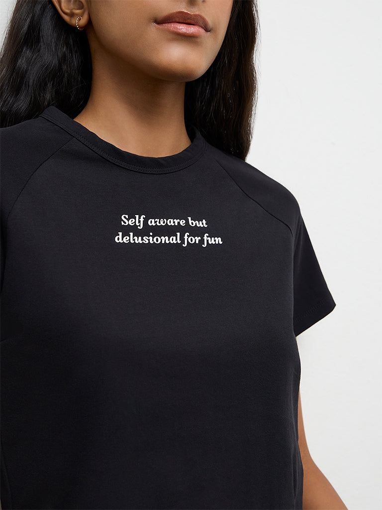Nuon Black Text Printed Cotton T-Shirt