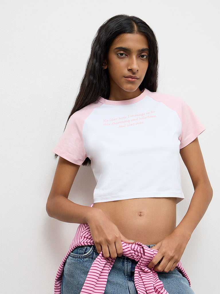 Nuon White Text-Printed Cotton T-Shirt